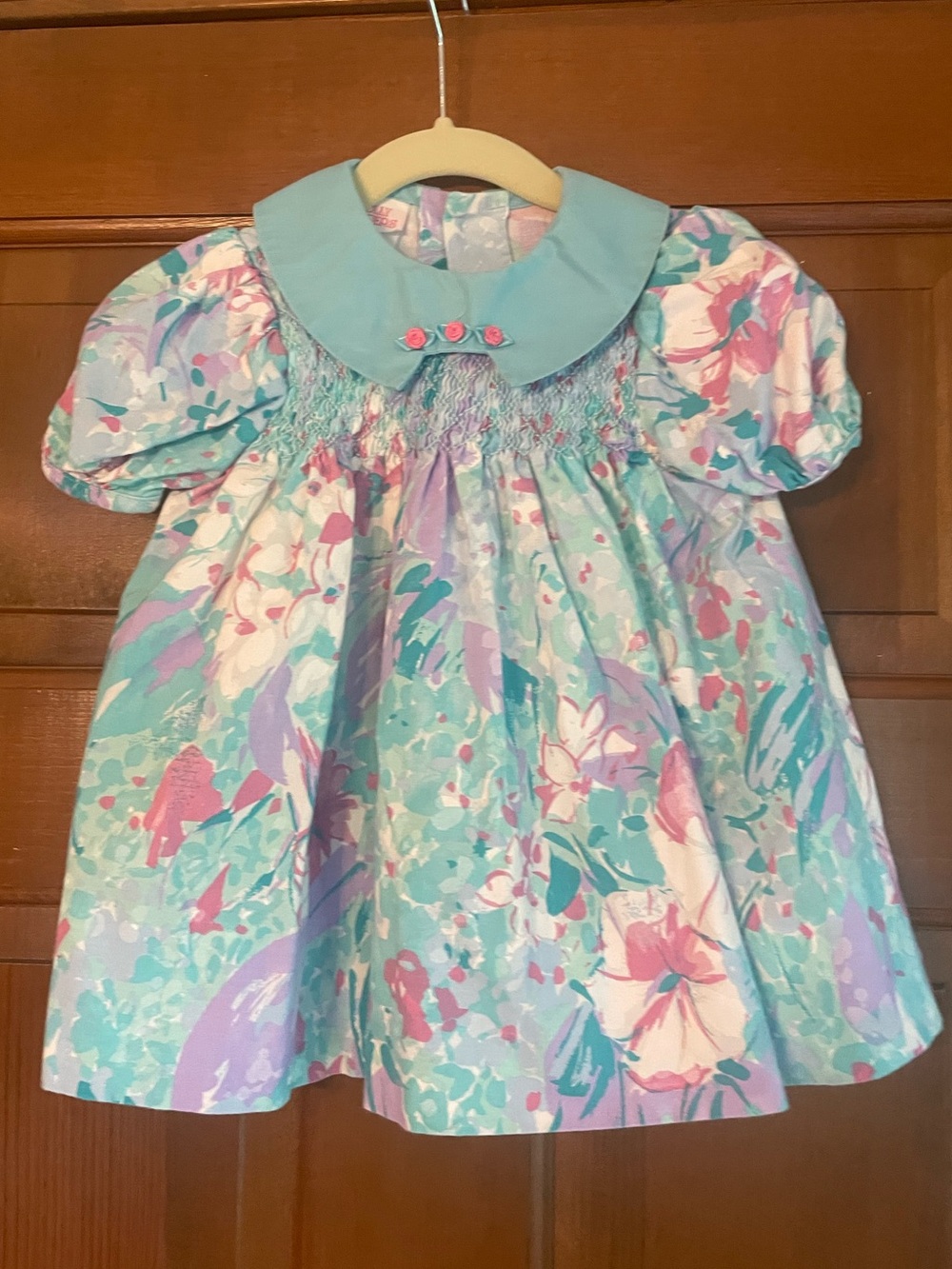 Vintage Polly Flinders Pastel Floral Smocked Baby Dress Size 24 Months